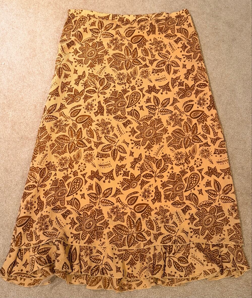 Coldwater Creek Silk Skirt Womens XS Tan Brown Floral Paisley Boho Tiered Long